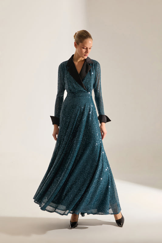 ROBE DE SOIRÉE EN PETROLE BLEU ARLON PAYET KRUVAZE YAKA