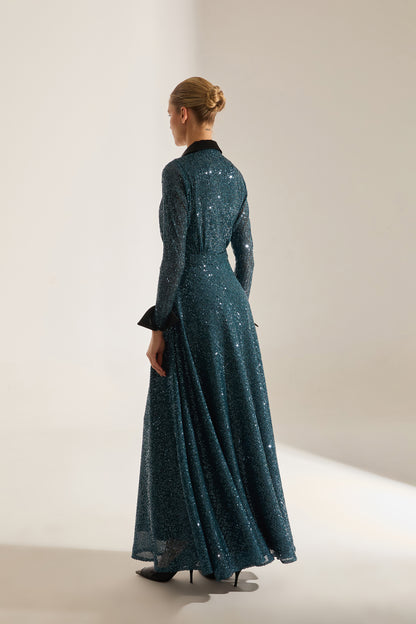 ROBE DE SOIRÉE EN PETROLE BLEU ARLON PAYET KRUVAZE YAKA