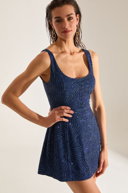 MARTINA Shiny Strap Dark Blue Mini Night Dress