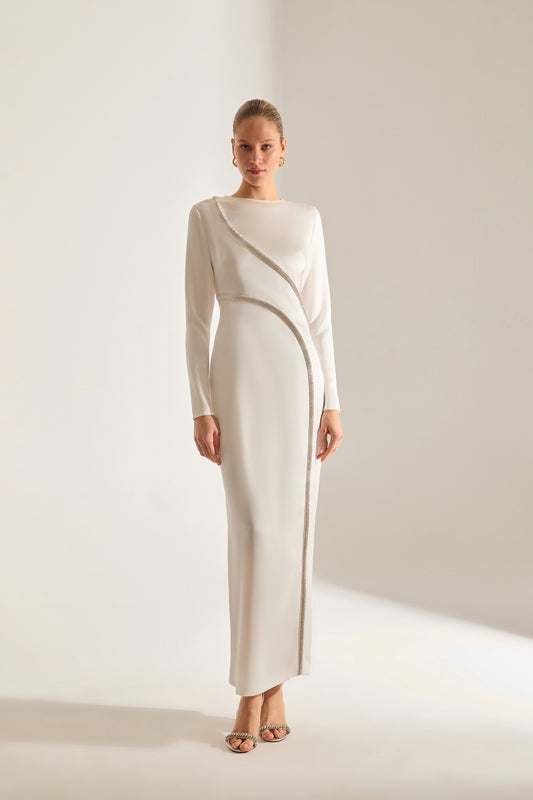 Candice Stone Trimmed Long Sleeve White Evening Dress