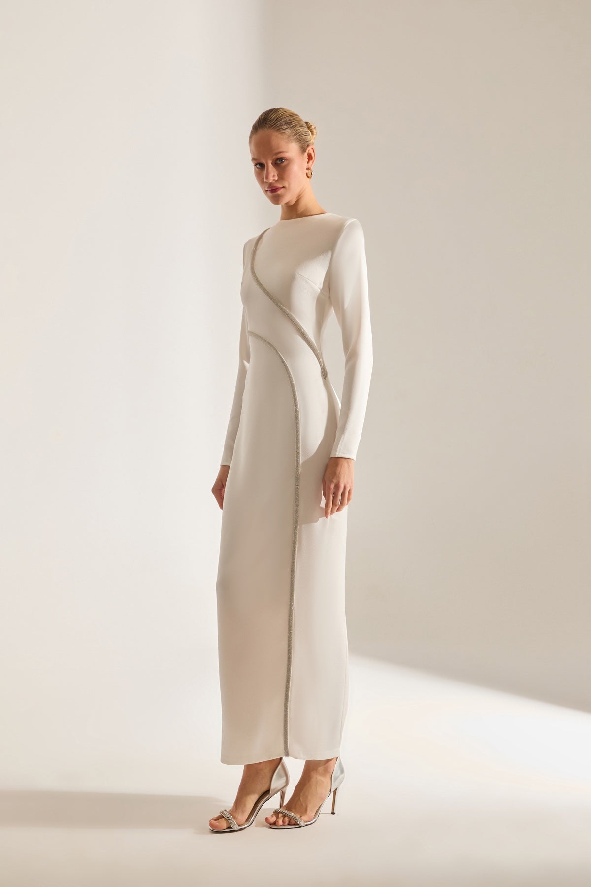 Candice Stone Trimmed Long Sleeve White Evening Dress