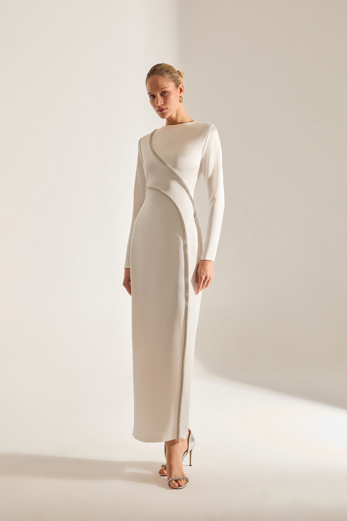 Candice Stone Trimmed Long Sleeve White Evening Dress