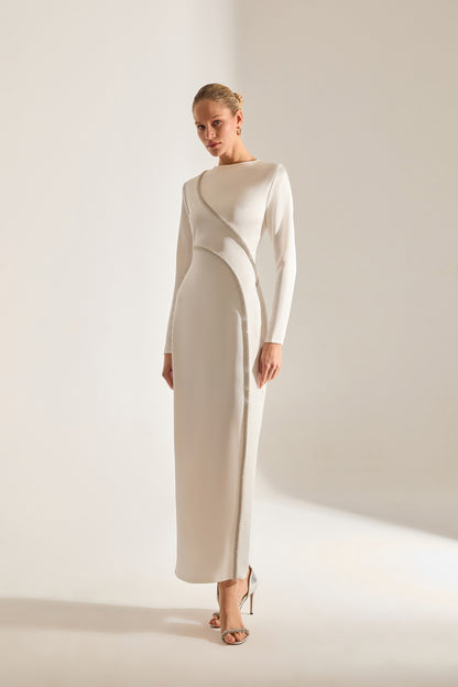 Candice Stone Trimmed Long Sleeve White Evening Dress