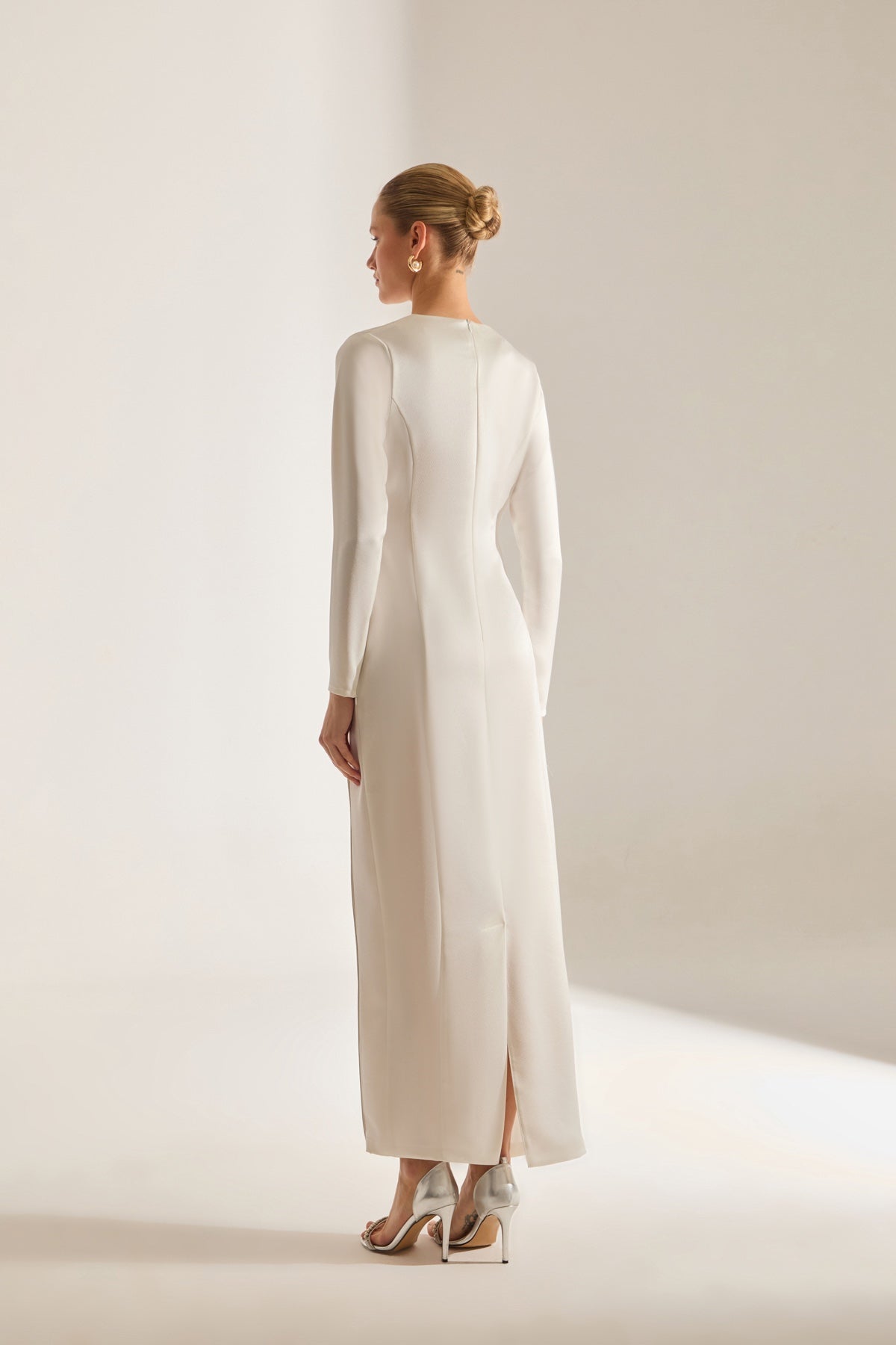 Candice Stone Trimmed Long Sleeve White Evening Dress