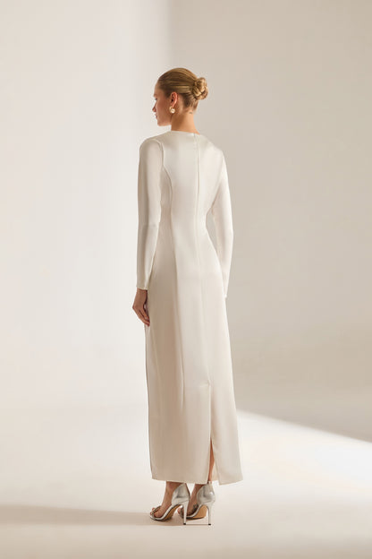 Candice Stone Trimmed Long Sleeve White Evening Dress