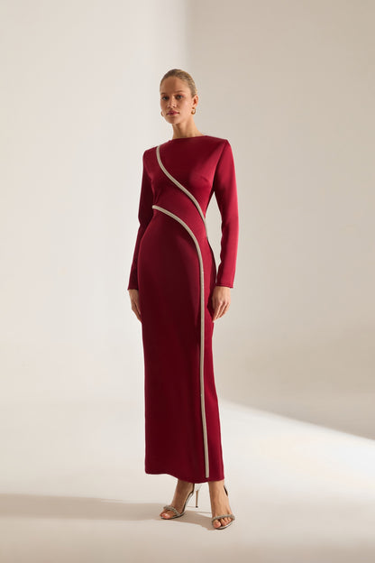 Candice Stone Trimmed Long Sleeve Dark Red Evening Dress