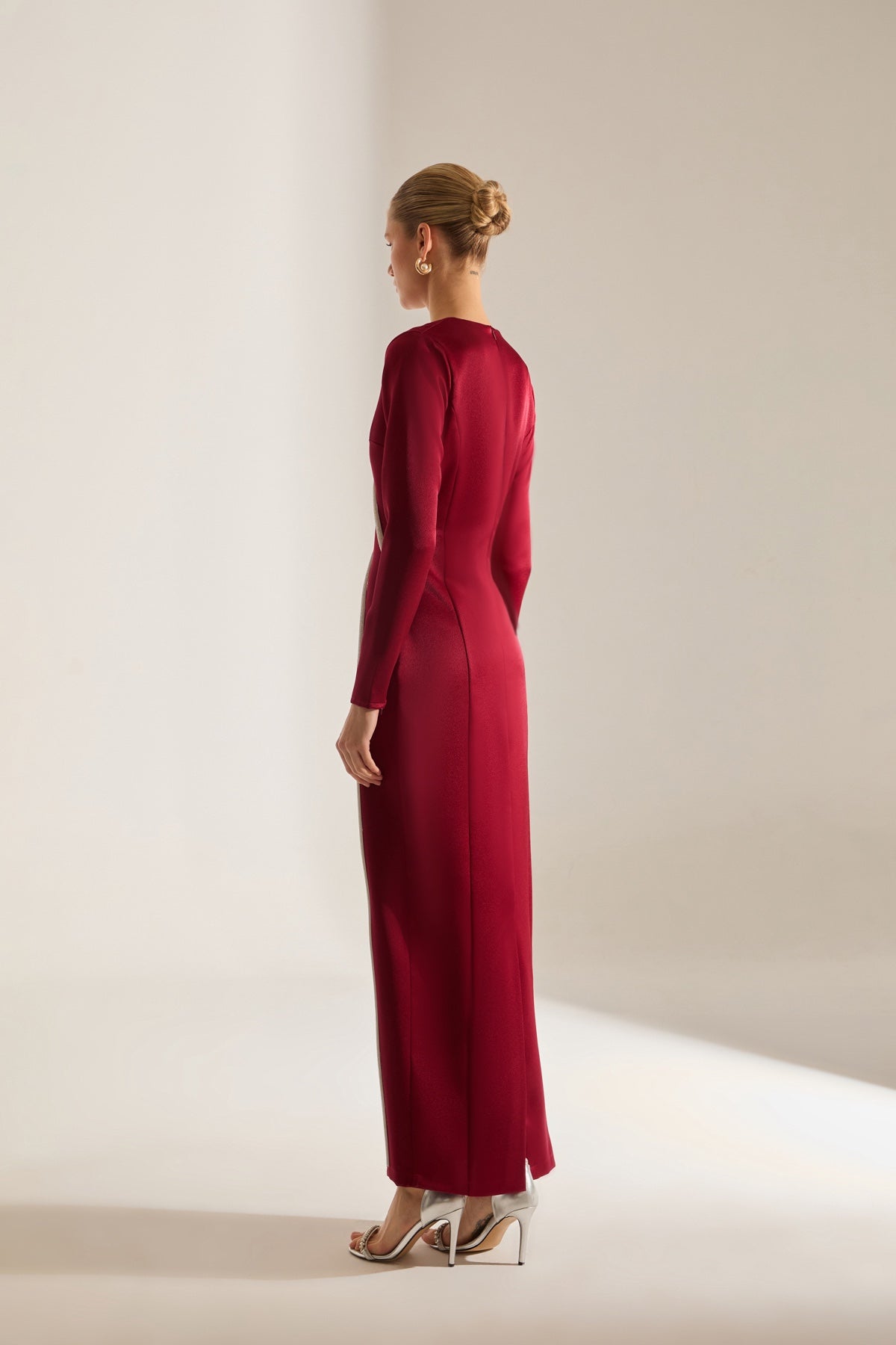 Candice Stone Trimmed Long Sleeve Dark Red Evening Dress