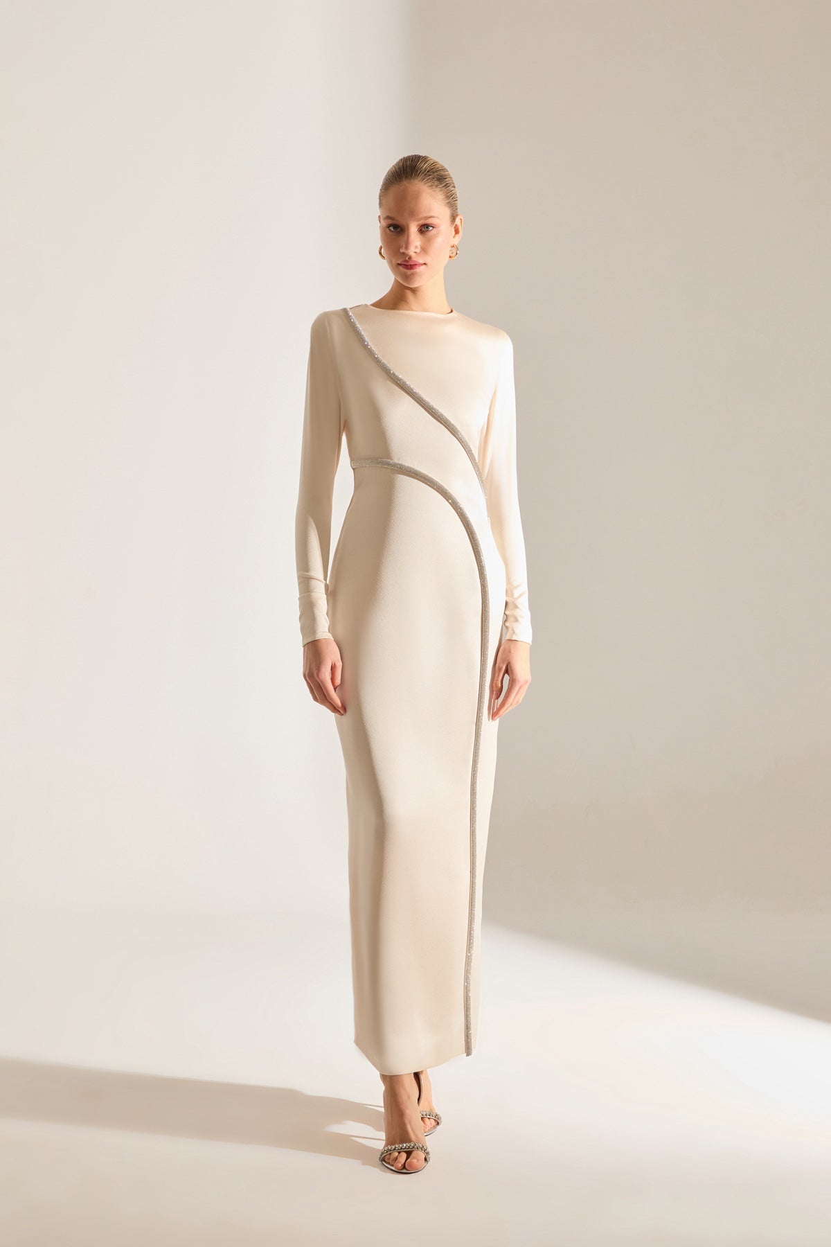 Candice Stone Trimmed Long Sleeve Ecru Evening Dress