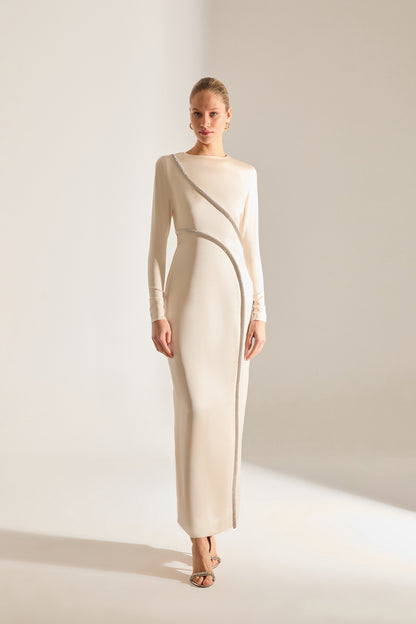 Candice Stone Trimmed Long Sleeve Ecru Evening Dress