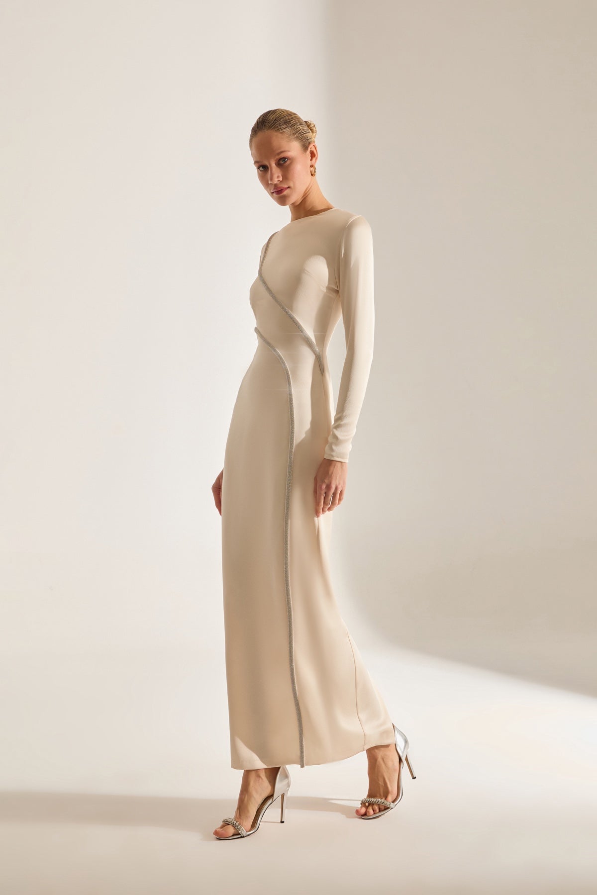 Candice Stone Trimmed Long Sleeve Ecru Evening Dress