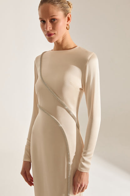 Candice Stone Trimmed Long Sleeve Ecru Evening Dress