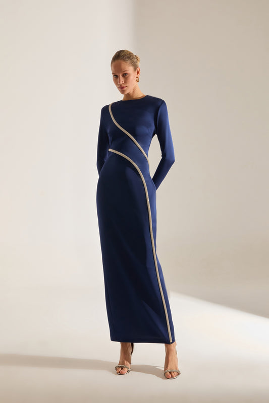 Candice Stone Trimmed Long Sleeve Dark Blue Evening Dress