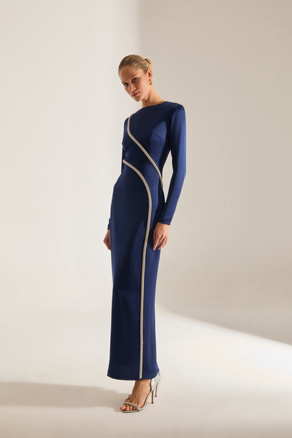 Candice Stone Trimmed Long Sleeve Dark Blue Evening Dress