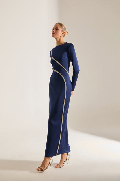 Candice Stone Trimmed Long Sleeve Dark Blue Evening Dress