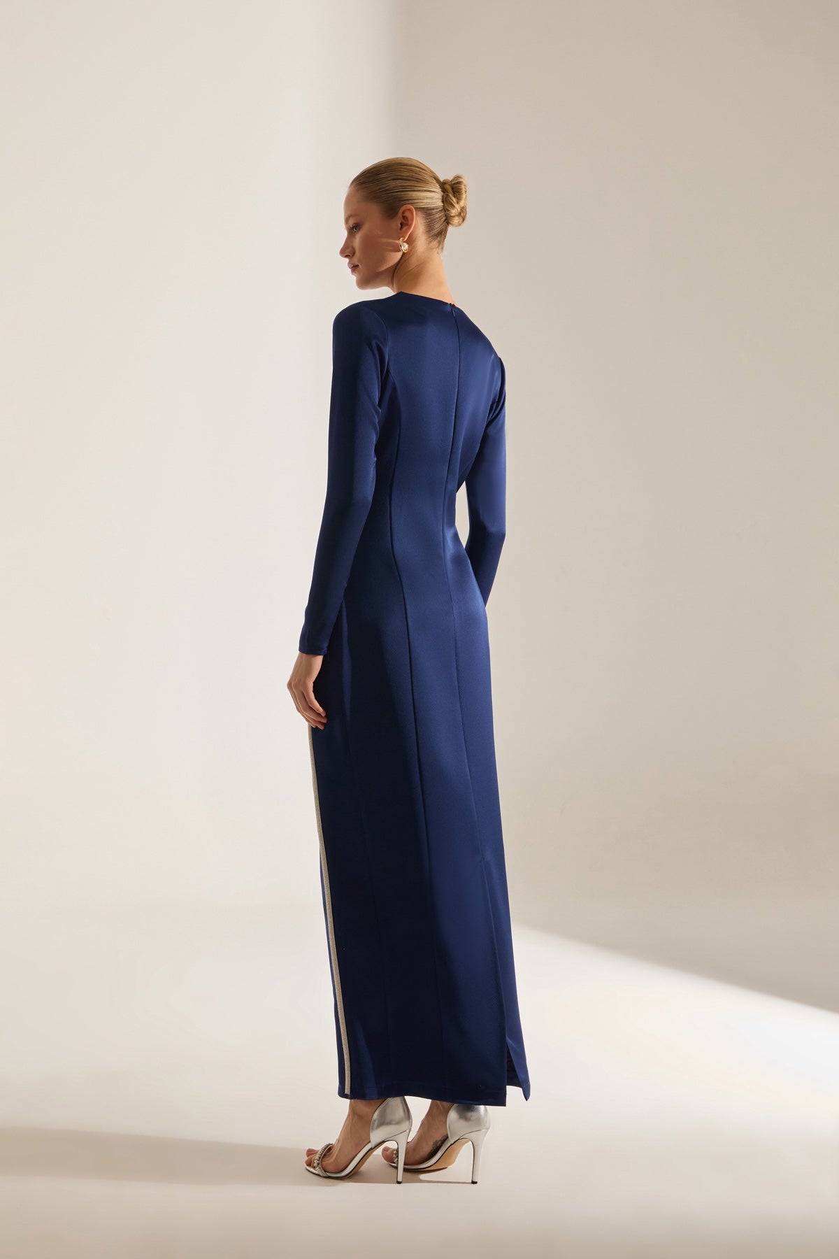 Candice Stone Trimmed Long Sleeve Dark Blue Evening Dress