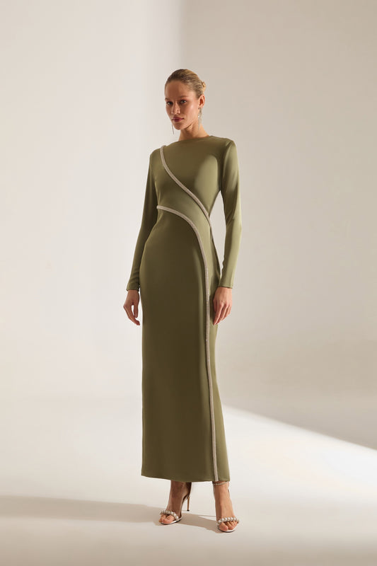 Candice Stone Trimmed Long Sleeve Khaki Evening Dress