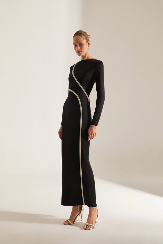 Candice Stone Trimmed Long Sleeve Black Evening Dress