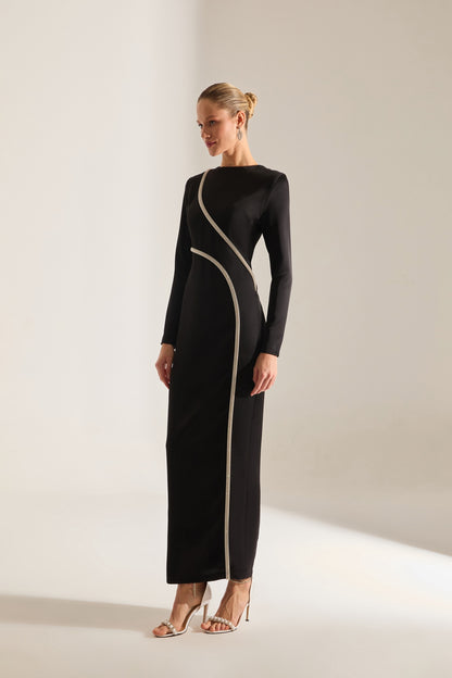 Candice Stone Trimmed Long Sleeve Black Evening Dress