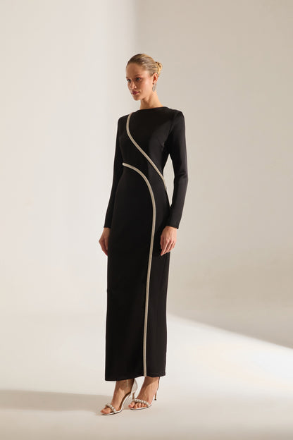 Candice Stone Trimmed Long Sleeve Black Evening Dress