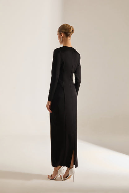 Candice Stone Trimmed Long Sleeve Black Evening Dress