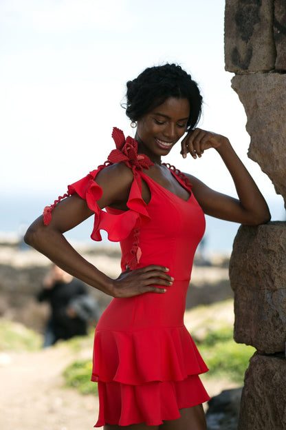 Crothet Flower Detailed Ruffled Red Dress